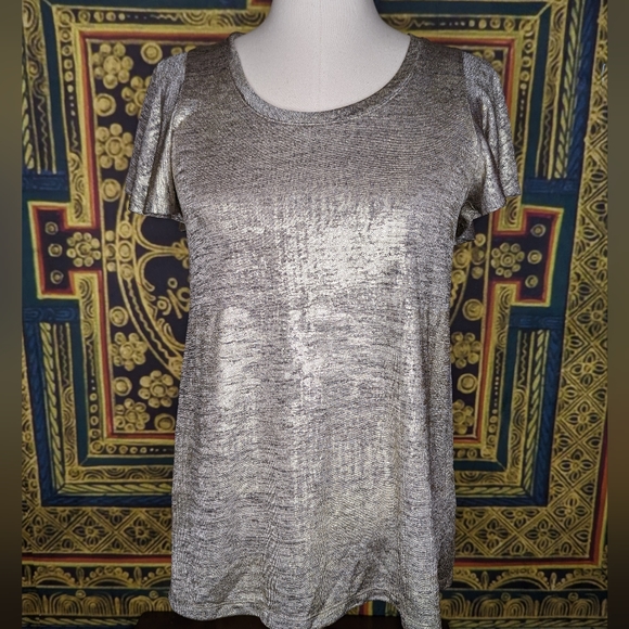 Anthropologie Sunday In Brooklyn Top Gold Metallic Flutter Sleeve - Picture 2 of 5